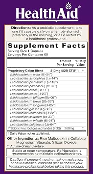 HealthAid ColonProbio 82 Billion with Prebiotic, 14 Strains, Once Daily, 60ct, Optimum Colon Care, Acid & Bile Resistant, Dairy Free, Gluten Free, Non-GMO, High Bifido