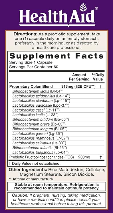HealthAid ColonProbio 82 Billion with Prebiotic, 14 Strains, Once Daily, 60ct, Optimum Colon Care, Acid & Bile Resistant, Dairy Free, Gluten Free, Non-GMO, High Bifido
