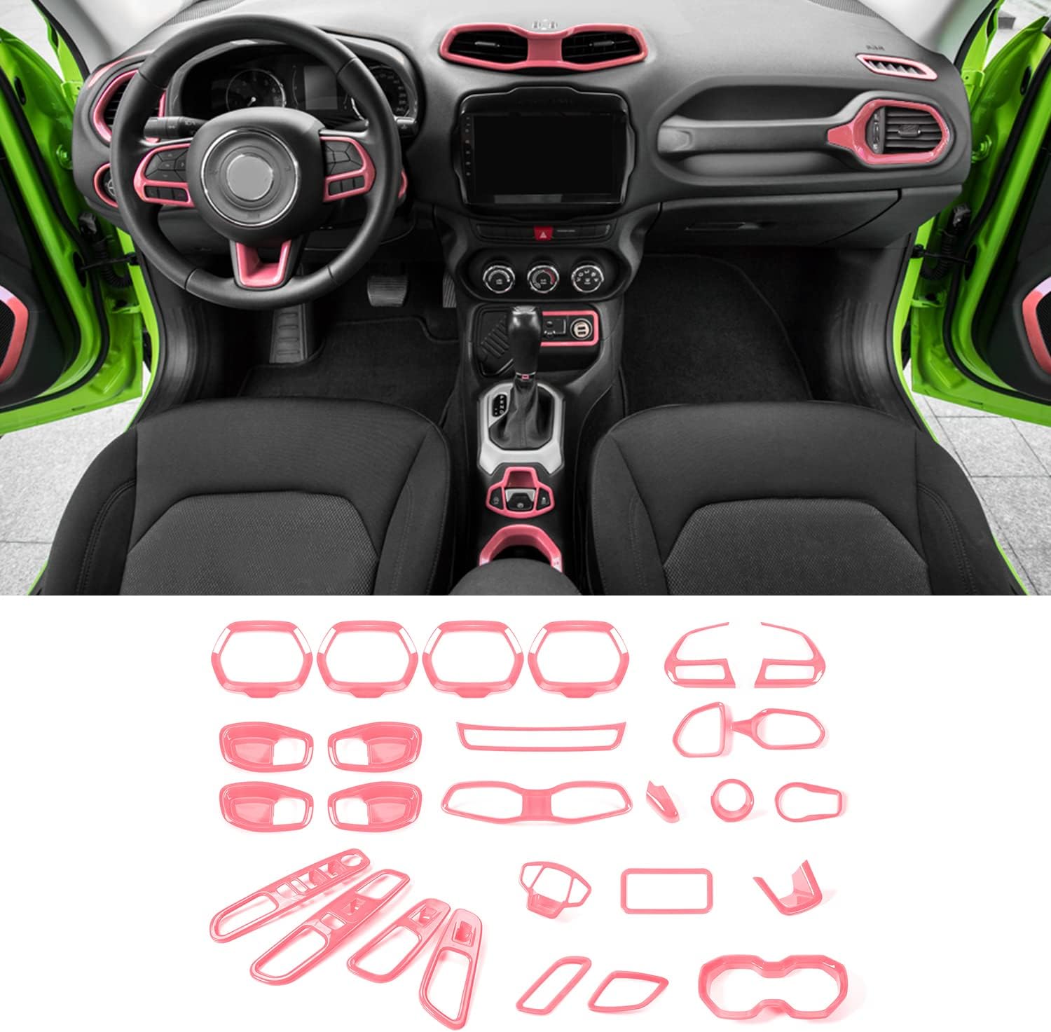 CheroCar 31 PCS Full Set Interior Decoration Trim Kit Steering Button Cover Door Handle Cover Air Outlet Cover Cup Holder Gear Cover Trim Door Speaker Cover for Jeep Renegade 2016-2018,Pink…