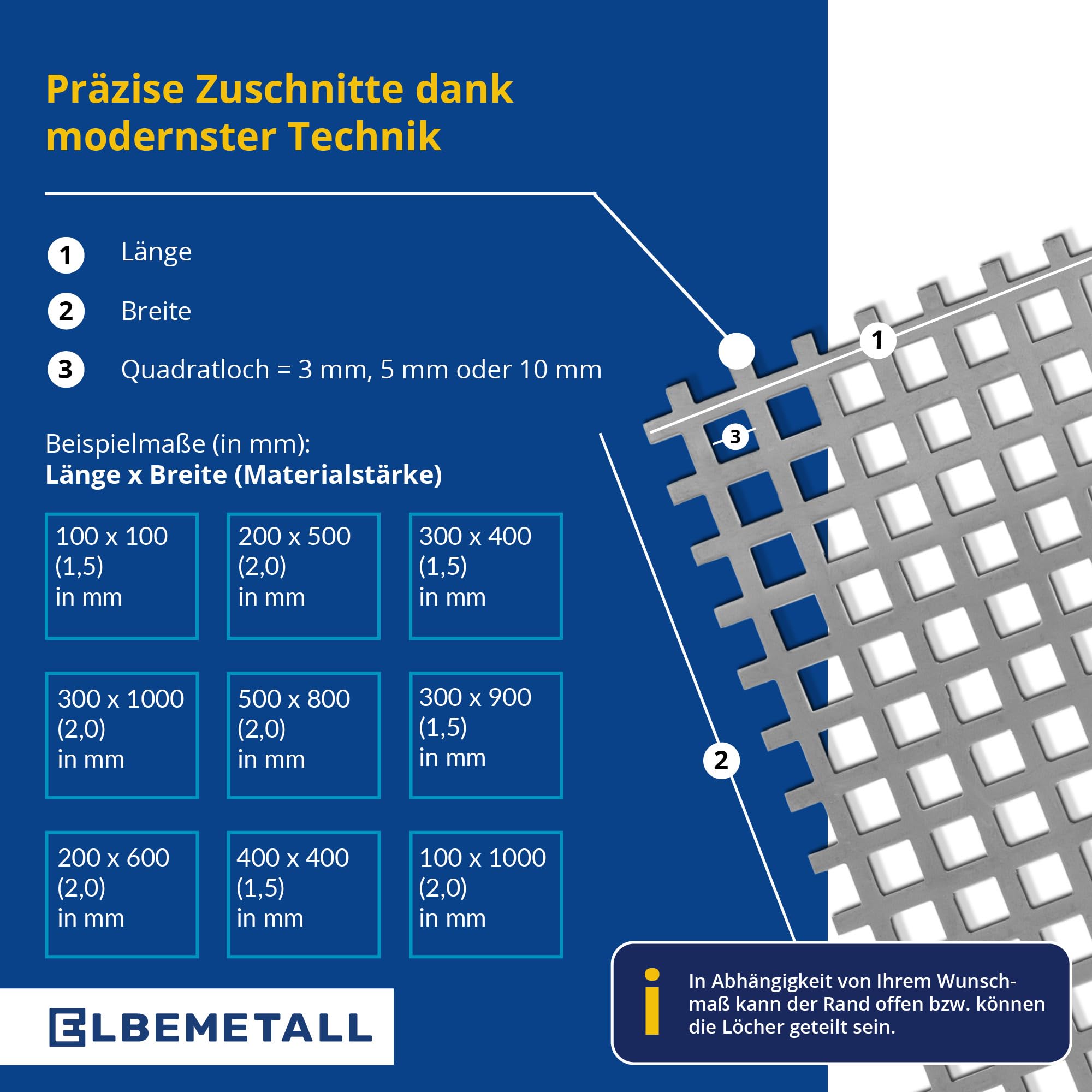 Lochblech Edelstahl 300 x 300 mm Stärke 2,00 mm/Metall Lochblech Quadratloch, 15 mm Lochabstand 10 mm Lochweite/Lochbleche aus 1.4301 Werkstoff/hochwertiges Lochblech aus Metall
