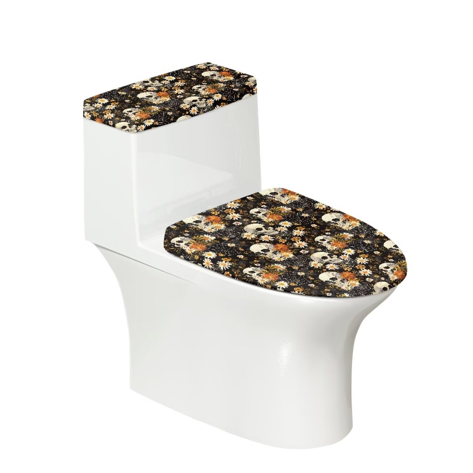 Rweroyiu Skull Flower Toiler Lid Cover Toilet Tank Cover 2Pcs Toilet Seat Covers Stretch Toilet Covers Set for Bathroom Home Decor Universal Toilet Lid Cover