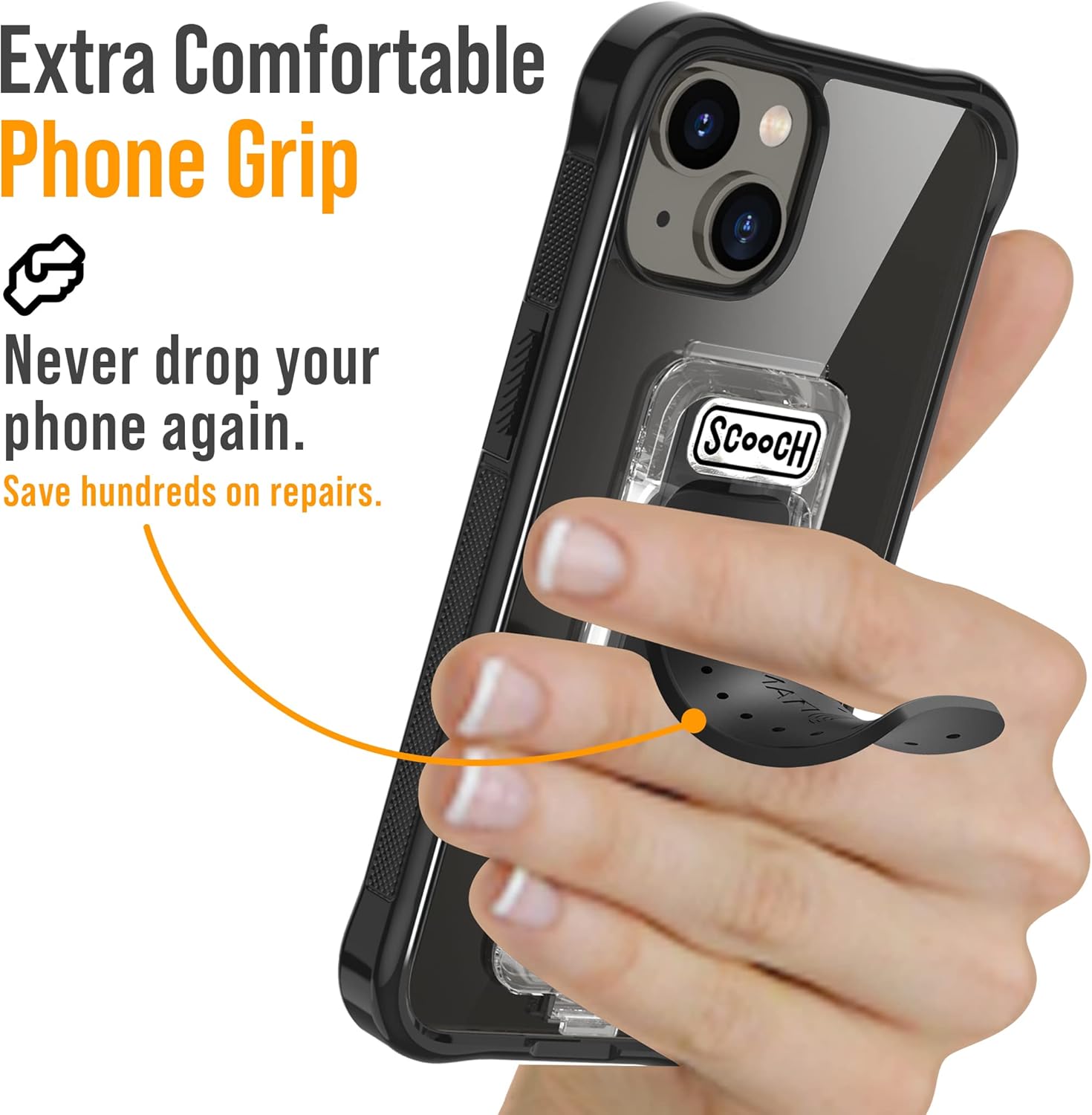 Scooch® for iPhone 13 Case with Stand, Wingman 5-in-1 Kickstand Case, Military Grade Drop Protection, Pop-Out Kickstand, Phone Grip, Car Mount, Tuxedo Clear