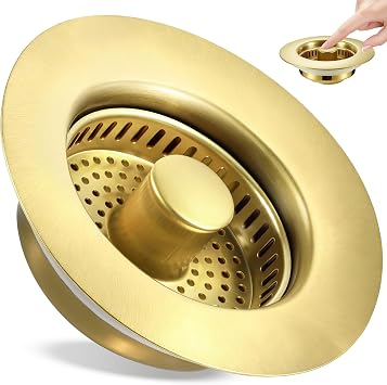 Kitchen Sink Drain Strainer 3 in 1, 304 Stainless Steel Pop Up Sink Stopper, Anti-Clogging Sink Drain Strainer for US Standard Kitchen Drain Gold