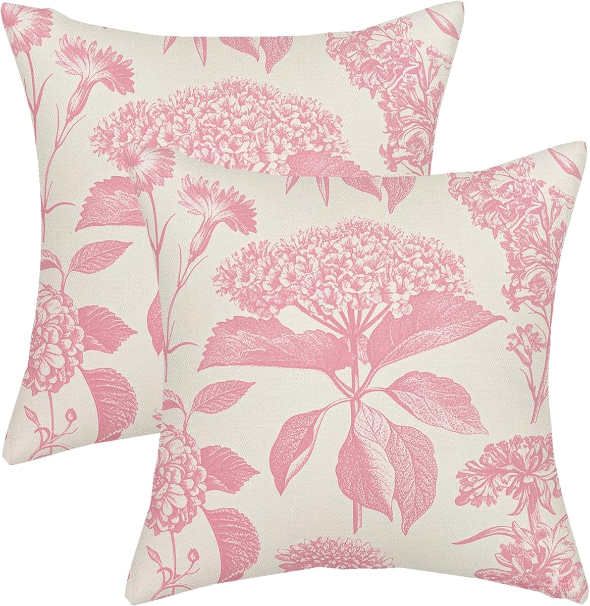 AGAYNA Preppy Hot Pink Outdoor Pillow Covers 18x18 Boho Vintage Floral Throw Pillows for Couch Hydrangea Botanical Flower Seasonal Pillowcase Farmhouse Decorative Cushion Case for Sofa Bed Set of 2