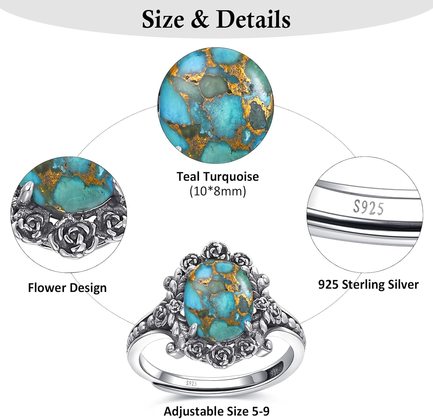 Sterling Silver Ring for Women, Romantic Oxidized Flowers with Oval Turquoise, Bohemian Hippie Adjustable Ring Size 5-9