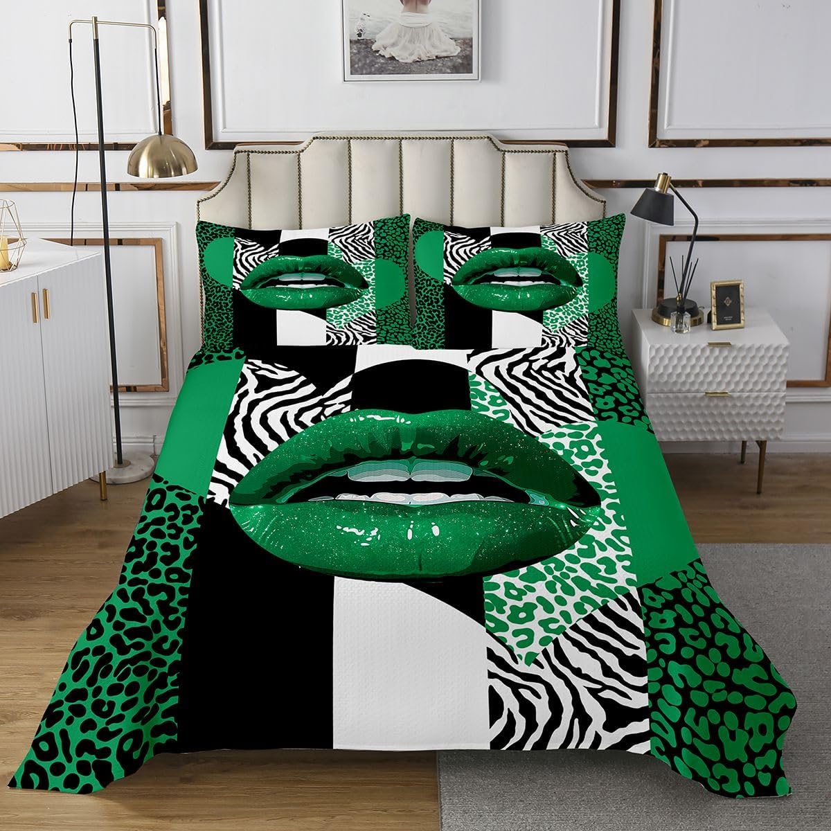 Manfei Lips Bowknot Bedspread Twin Size Bedding for Kids Teens Bedroom Leopard Print Decor Coverlet Set Wild Animals Fur Quilt Set for All Season,2 Pcs with 1 Pillowcase