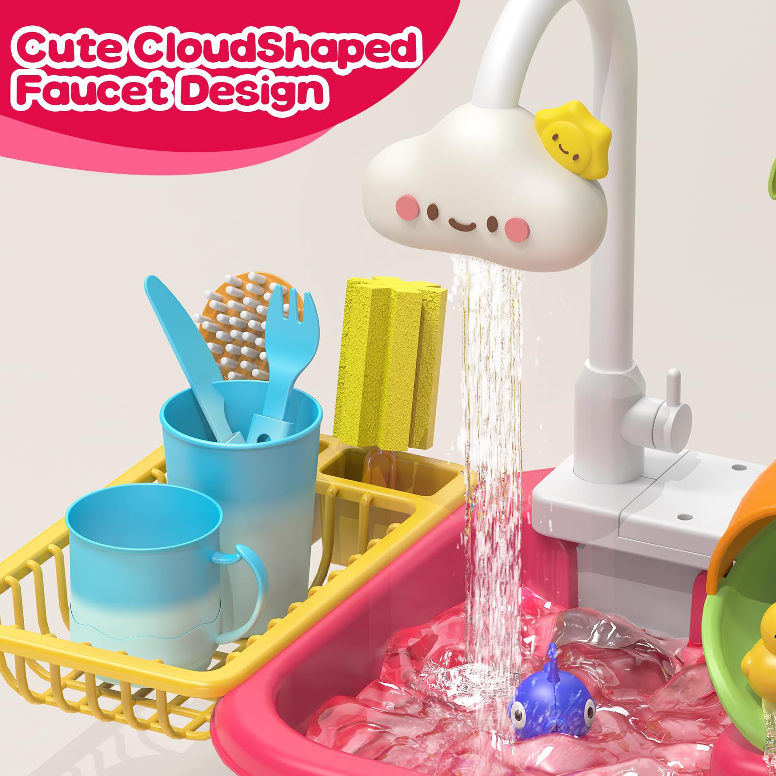Juguetes de fregadero de cocina que cambian de color con agua corriente para niños, juguete eléctrico 4 en 1 con animales, alimentos, accesorios de vajilla, juguete de cumpleaños para niños y niñas 3