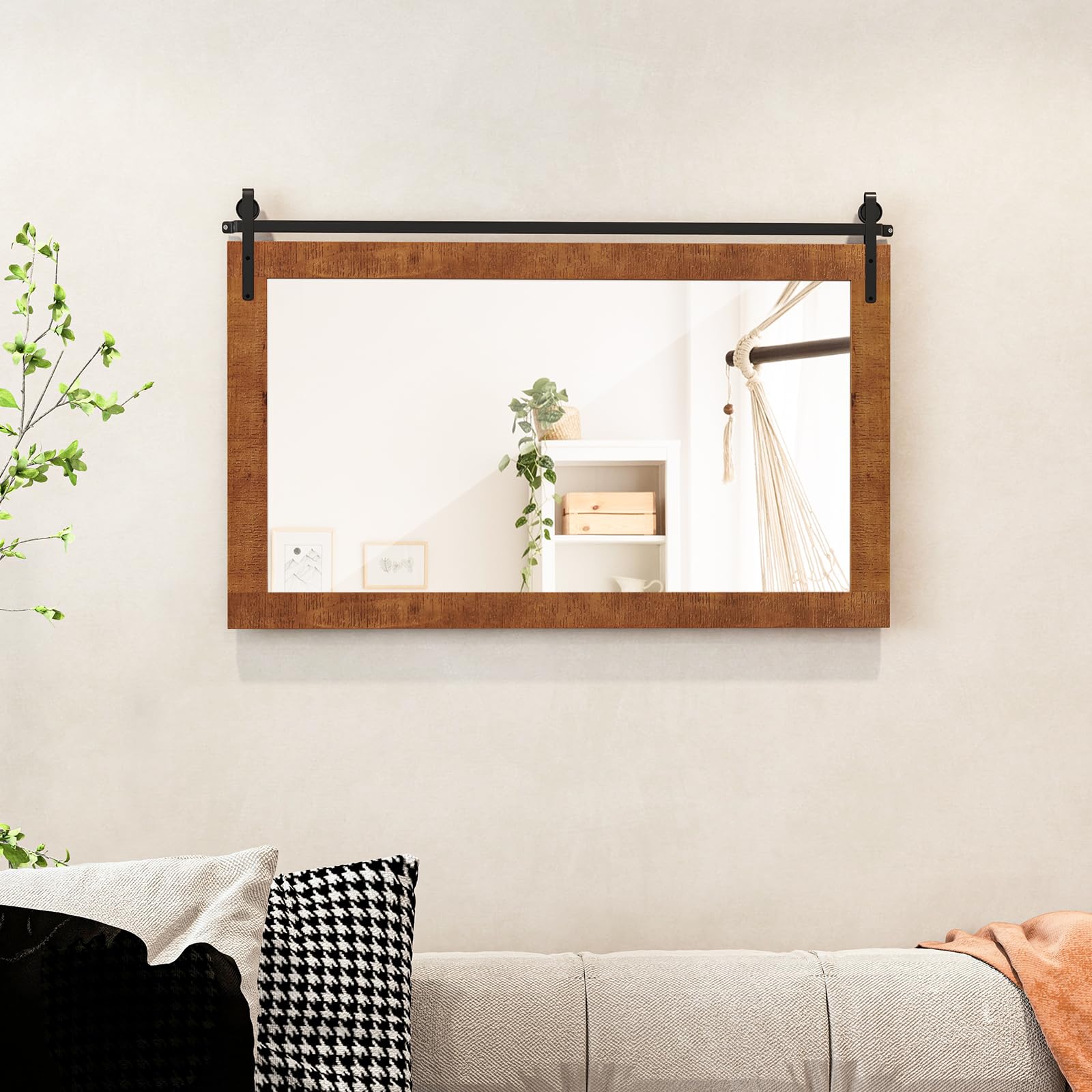 COSTWAY Espejo Decorativo de Pared Horizontal, Espejo Rectangular de 100x66 cm con Marco de Madera Maciza y Soporte Metálico, Estilo Rústico de Granja, Ideal para Salón y Dormitorio (marrón)
