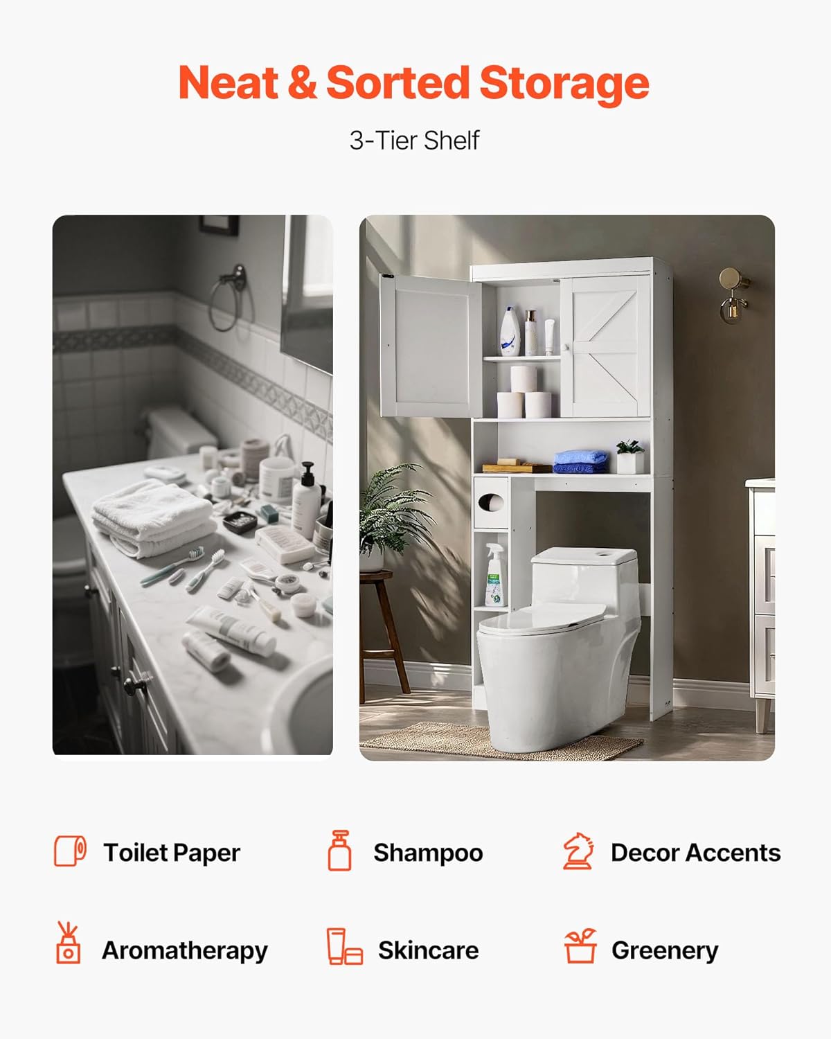 VEVOR Over The Toilet Storage Cabinet, 67.44‘’ Height Bathroom Storage Cabinet Over Toilet with Barn Door and Adjustable Shelf, Bathroom Space-Saving Toilet Rack White Wood with Open Shelf