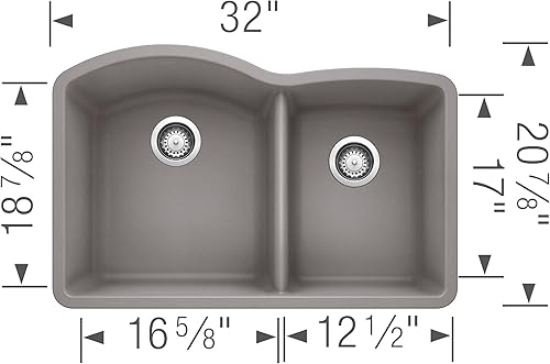 Miniatura 9 de BLANCO, Cinder 441469 DIAMOND SILGRANIT 6040 - Fregadero de cocina de doble tazón para empotrar, 32 x 21 pulgadas