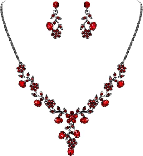 EVER FAITH Conjuntos de joyas nupciales para boda, diamantes de imitación de cristal, flor y hoja, collar y aretes para mujer