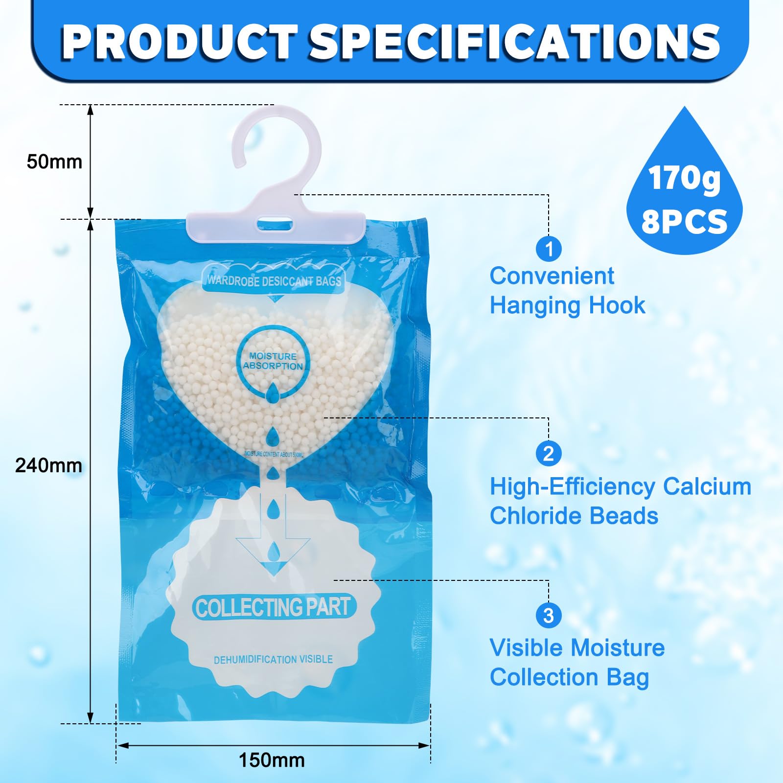 GROOFOO Zestaw 8 wiszących osuszaczy powietrza 170g – worki osuszające i absorbenty wilgoci do szafy, sypialni, piwnicy, łazienki – przeciw wilgoci, pleśni i zapachom