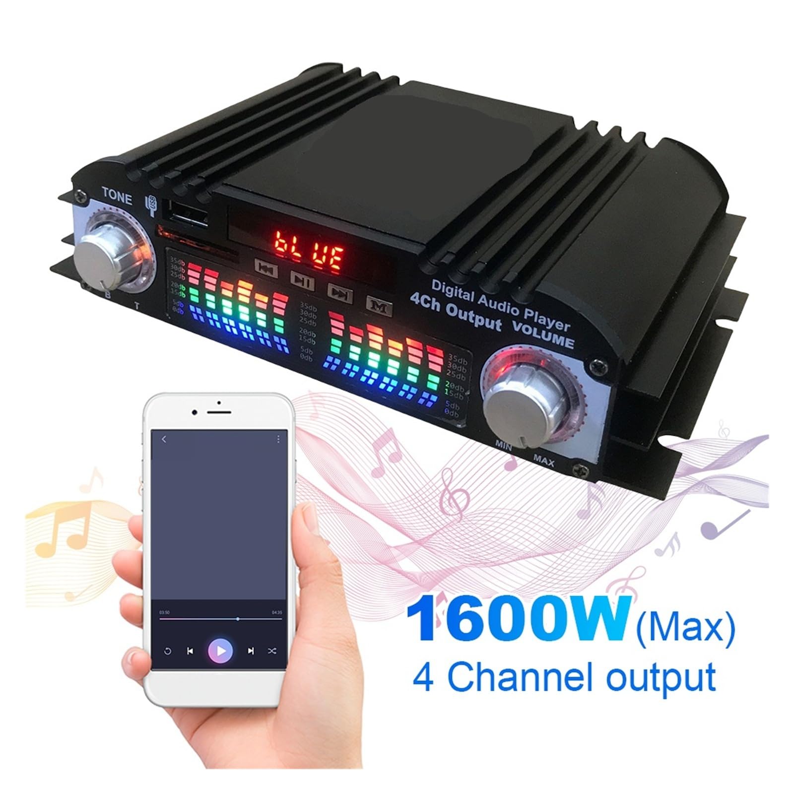 Amplificateur numérique 4 canaux, Puissance de crête 1600 W, Compatible USB et Bluetooth, Mini chaîne Hi-FI stéréo Compact et Intelligent