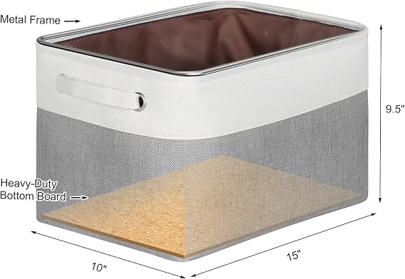 KEEGH Fabric Storage Baskets Set of 3, 15 Inch Storage Boxes for Shelves | Foldable With Hard Bottom Storage Organizer, Fabric Baskets With Handle for Organizing Home and Office - White/Grey