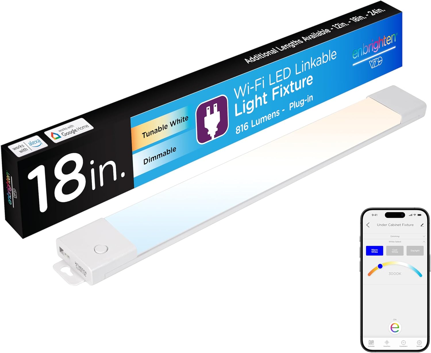 Enbrighten Vibe Plug-in Smart Under Cabinet Lights, 24in, Adjustable White from 2000K-6000K, Dimmable, Programmable Schedule Under Cabinet Lighting, Compatible with Alexa, Google Assistant, 58261-T1