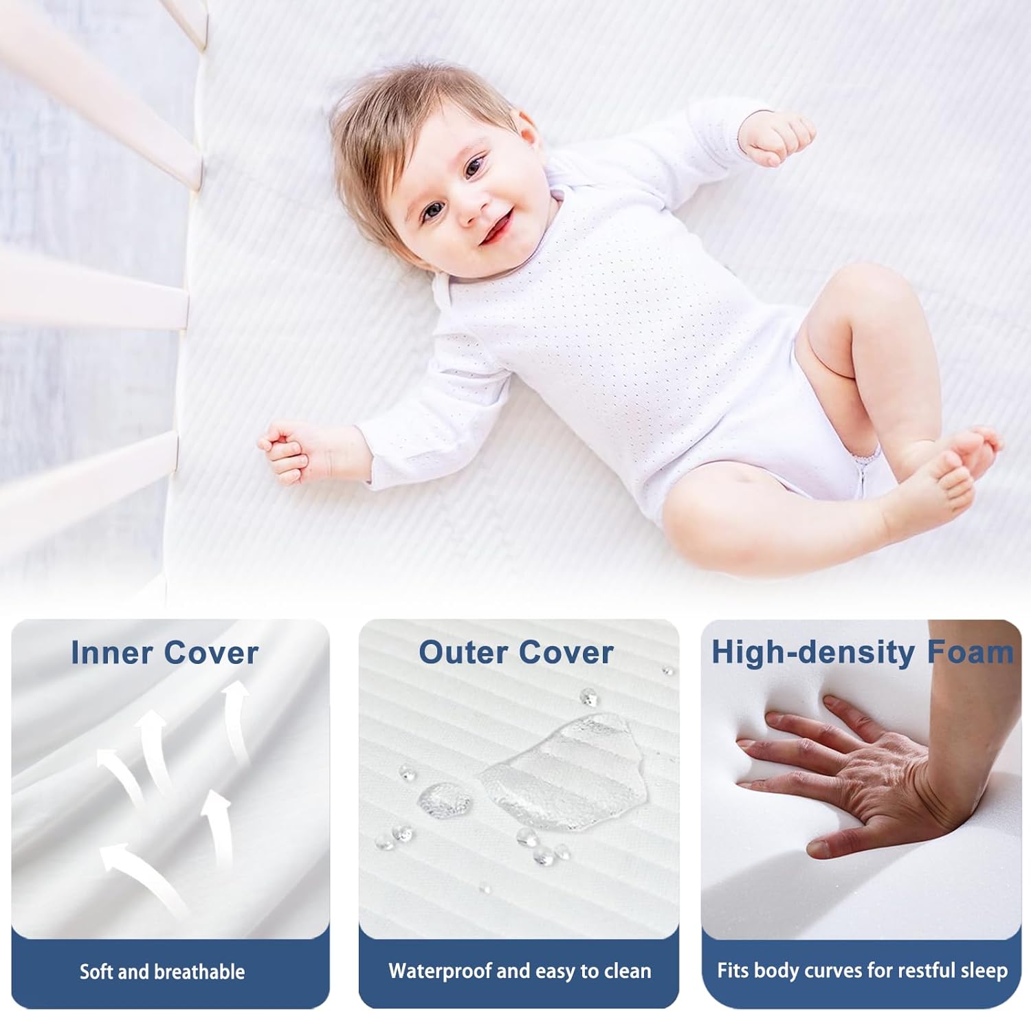 Pack and Play Mattress 38" x 26" x 1.25", Soft Breathable Playard & Pack N Play Mattresses with Washable Waterproof Cover for Baby ＆Toddler