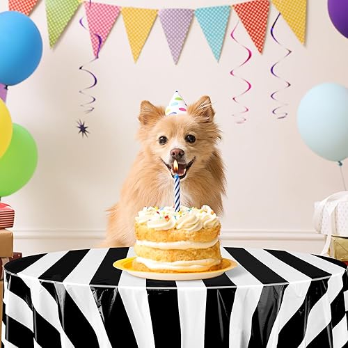 Miniatura 3 de Tatuo 3 manteles redondos de circo en blanco y negro de 84 pulgadas, manteles de circo de carnaval, a rayas, desechables, de plástico, para fiestas