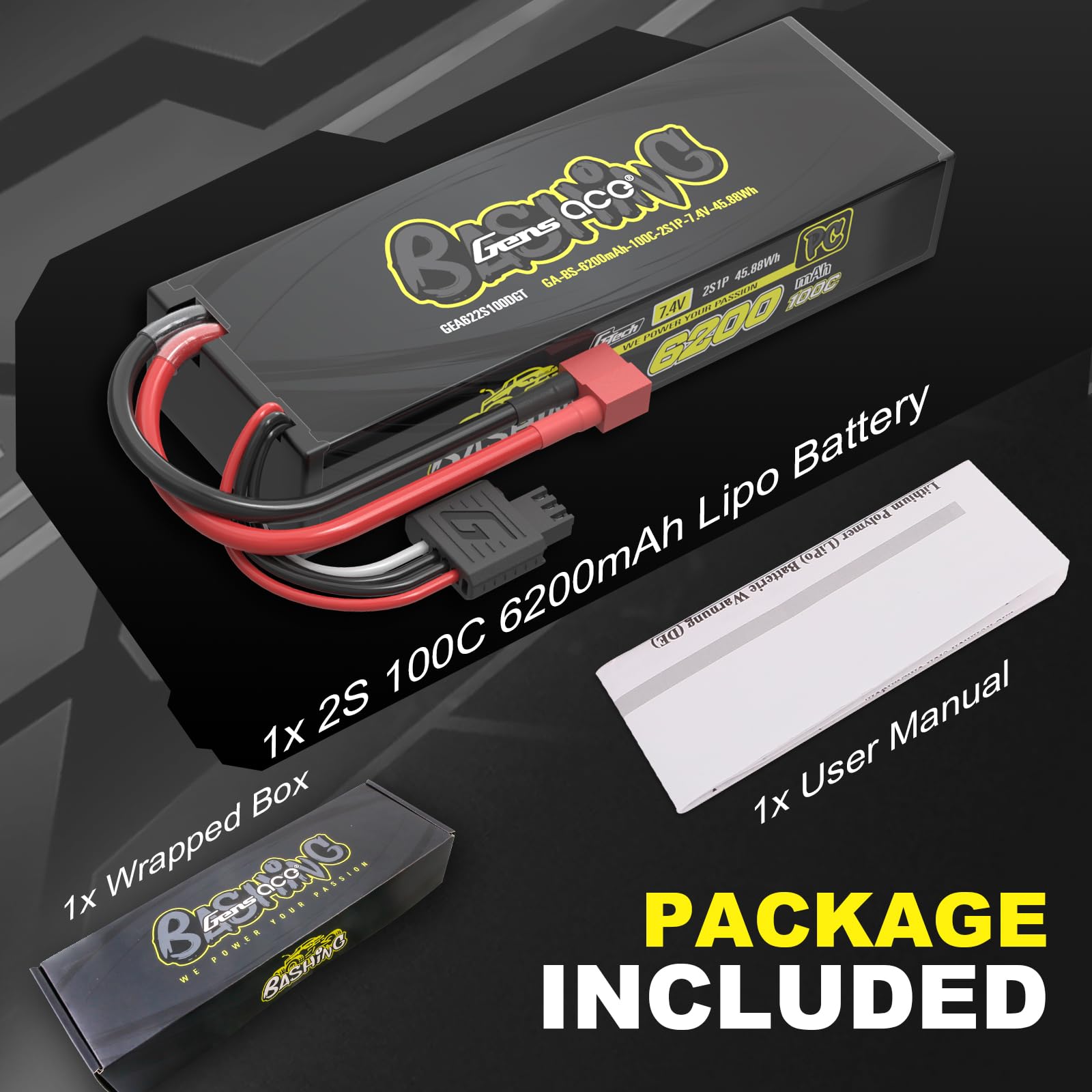 Gens ace 2S LiPo akumulator 7,4 V 6200 mAh 100C twarda obudowa z wtyczką Deans – RC akumulator samochodowy do 1/18 mini modeli