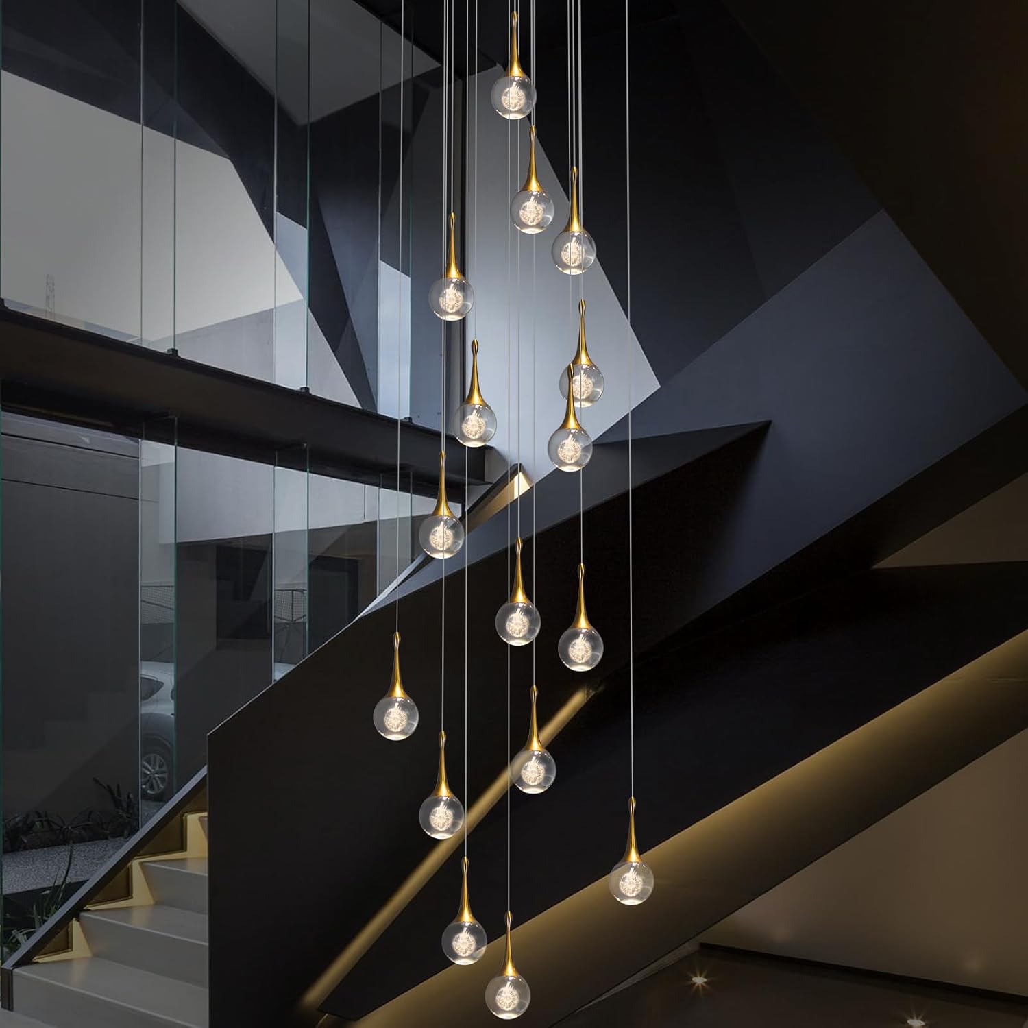 Gold LED Staircase Chandelier for High Ceiling, Gold LED Dimmable Remote, Modern Crystal Teardrop Long Hanging Pendant Light for Stairwell Living Room Entryway Stair Foyer, H118in 16 Lights