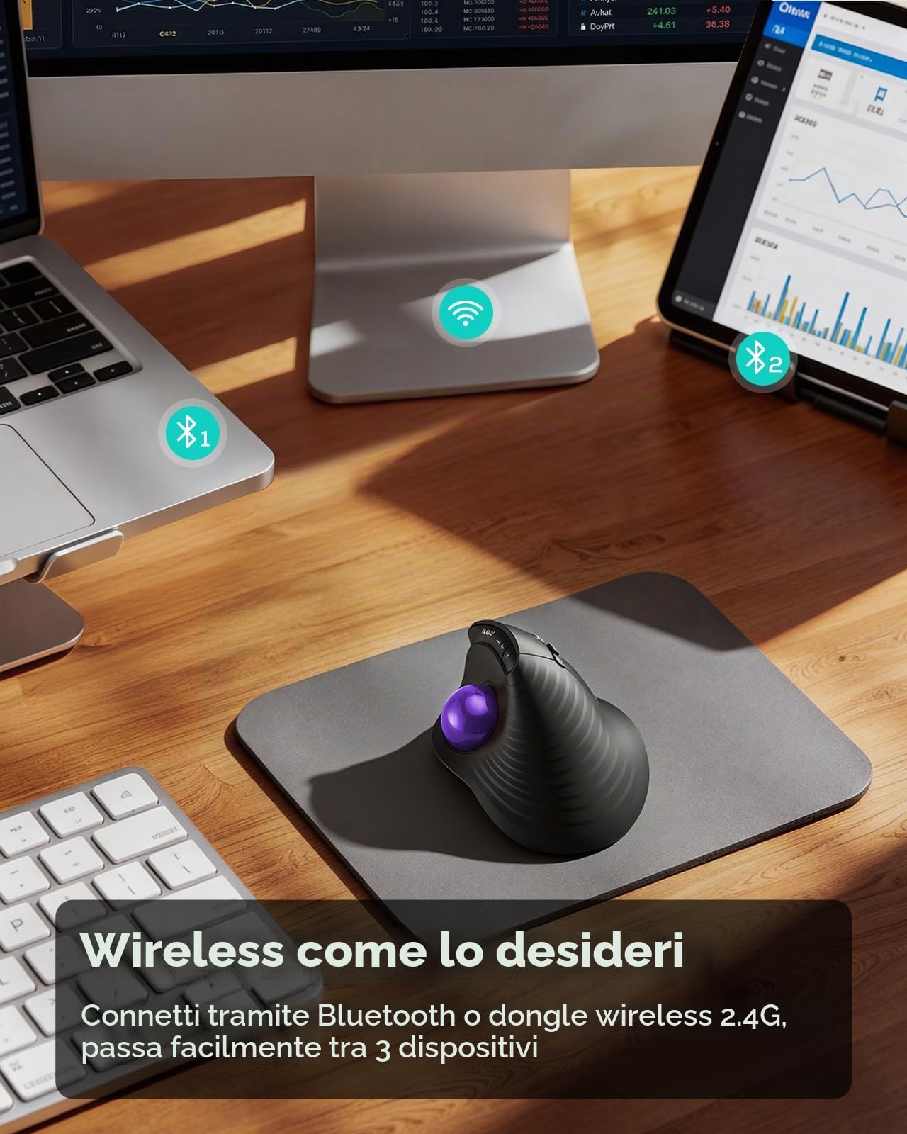 Nulea M514 Trackball Verticale, Ergonomico Wireless a Pollice con Click Silenziosi, Connessione a 3 Dispositivi (Bluetooth & USB), Ricaricabile per PC/Mac/Laptop/Tablet, viola
