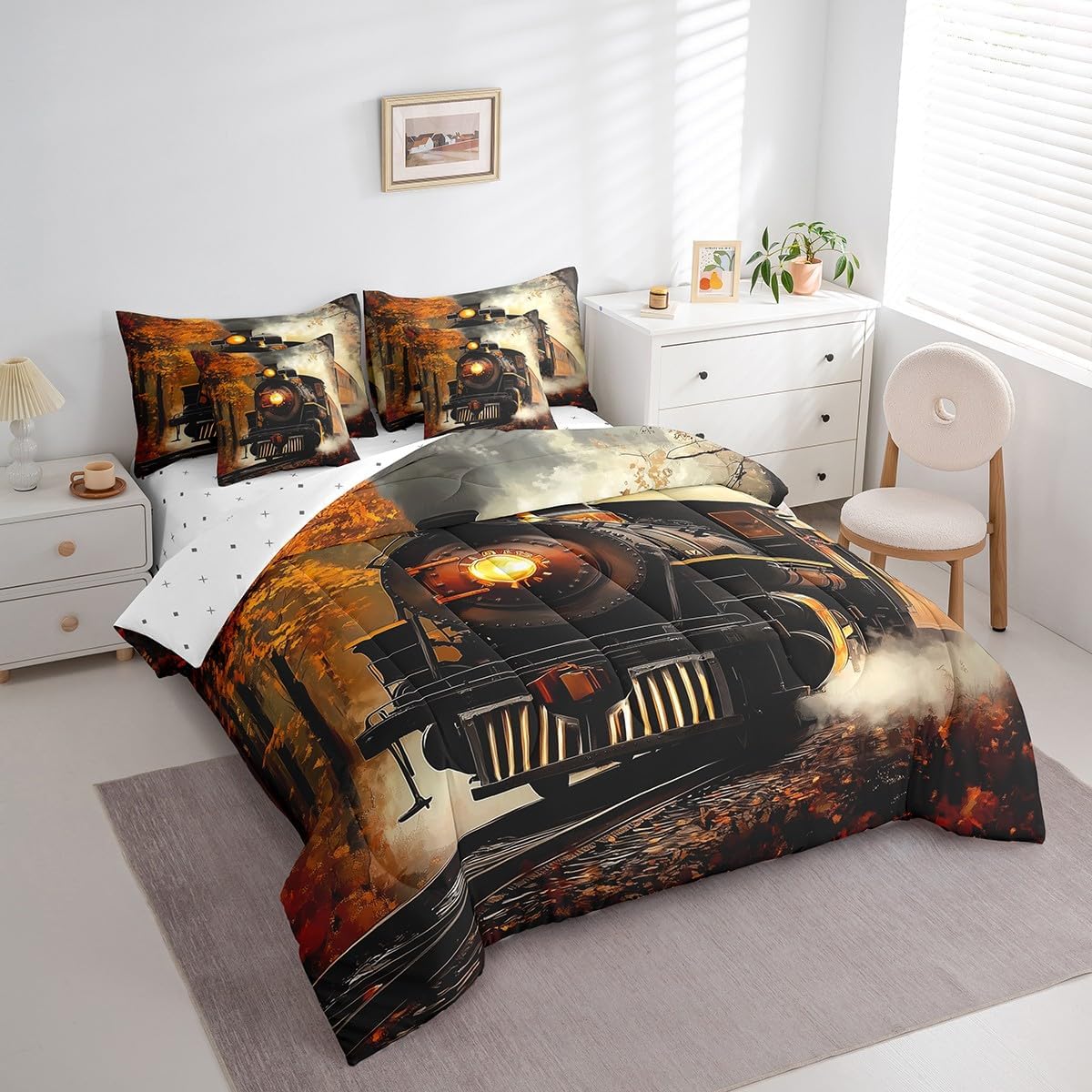 Erosebridal Train Bedding Set Retro Steam Engine Queen Comforter Set 7 Piece Railway Track Transport Bed in A Bag with Sheets for Kids Boys Teen Men,Autumn Fallen Leaves Bed Set