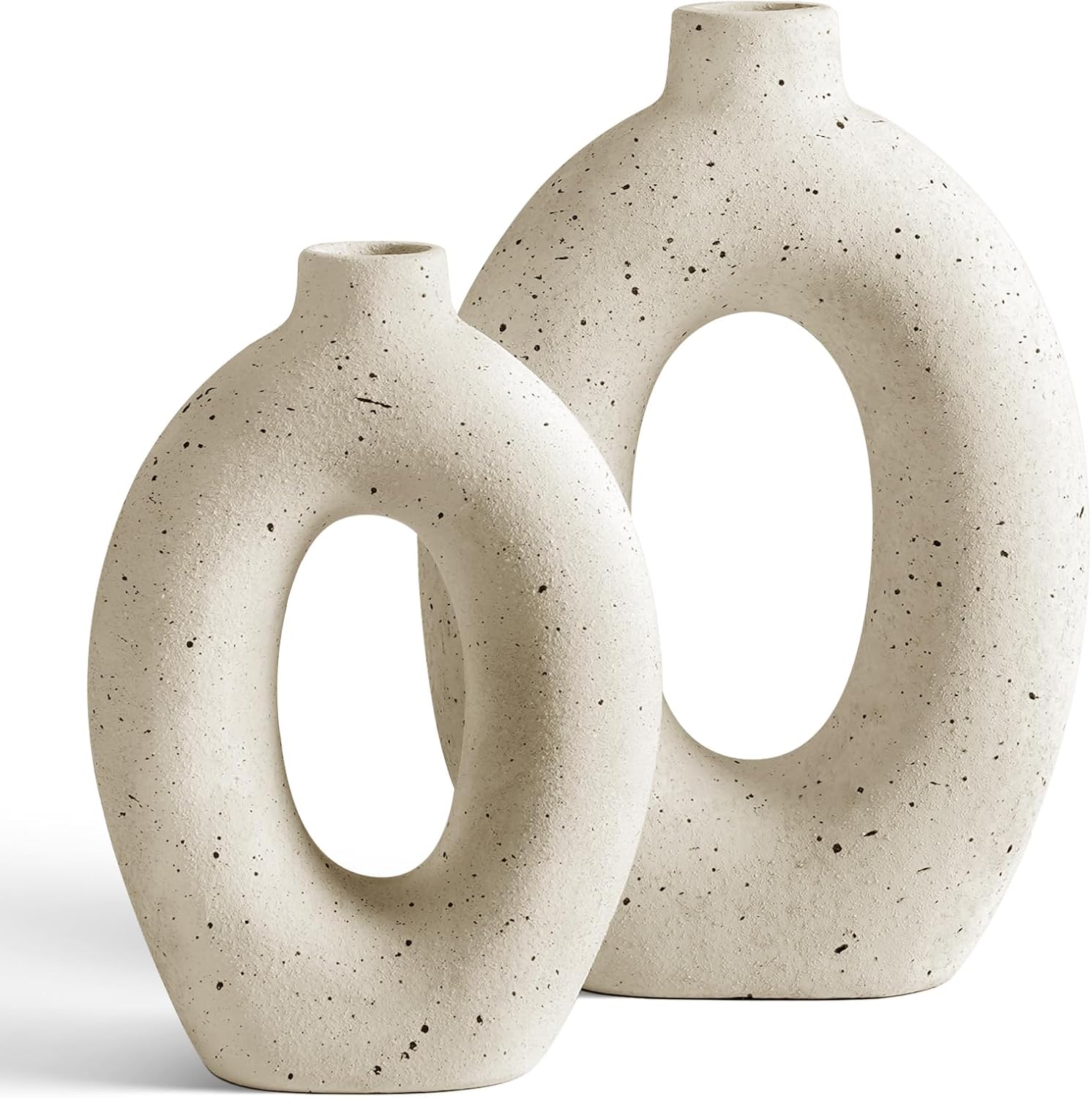 LE TAUCI Ceramic Vases Set of 2, 10.5” & 8.5” Hollow Donut Flower Vases, Nordic Decor Decorative Centerpiece for Living Room, Entry Table, Shelf, Mantel, Ivory Speckled (Beige White)
