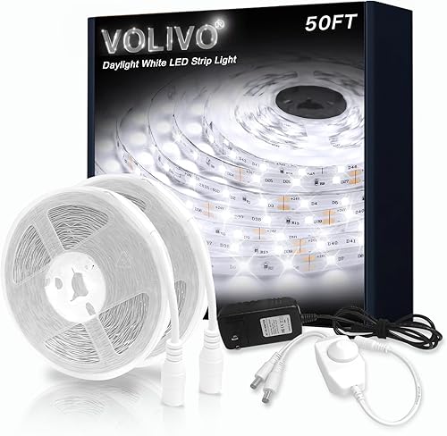 Miniatura 8 de VOLIVO Tira LED blanca, tira LED regulable de 16.4 pies, 2700 K, blanco cálido suave, adhesivo fuerte, cinta flexible para armarios de cocina,