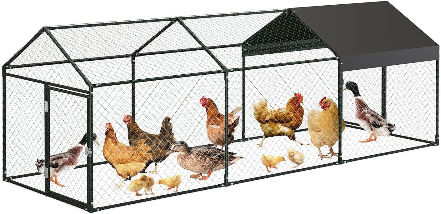 Large Metal Chicken Coop with Cover,120"×40"×40" Portable Poultry Cage Walk in Hen House with 3 Doors,Heavy Duty Chicken Run Hen House for Backyard Farm
