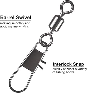 Barrel Snap Swivels Fishing, 100pcs Rolling Swivel with Safety Snap Copper Stainless Steel Fishing Line Connector for Saltwater Freshwater