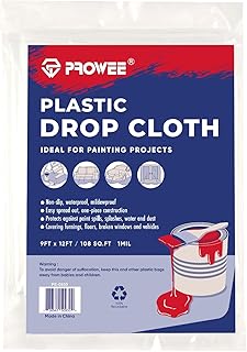 PROWEE 1mil Clear Plastic Drop Cloth for Painting 9-Feet x 12-Feet Painters Plastic Drop Cloth，Waterproof & Dustproof Poly...