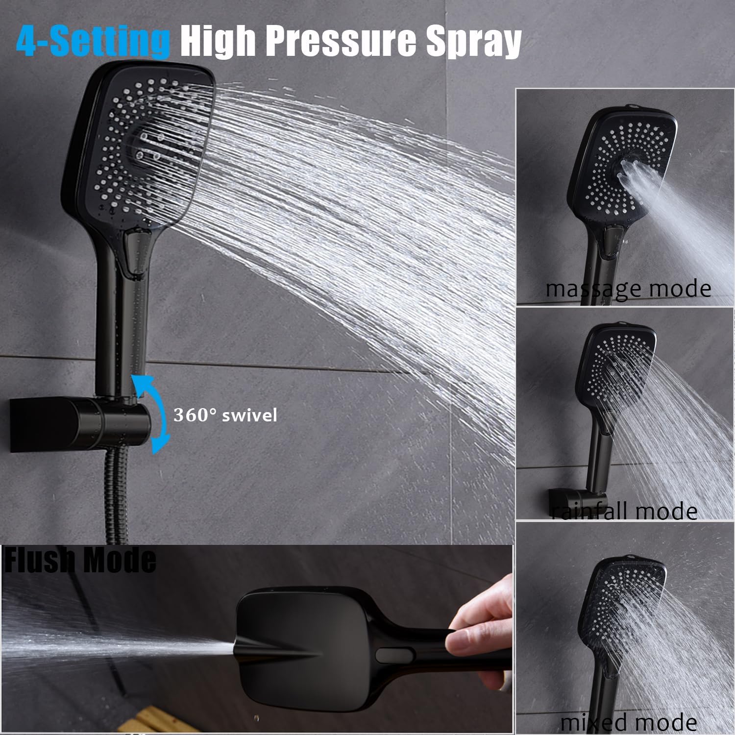 Shower Faucet Set with Tub Spout Matte Black 10 Inch Rainfall Shower with 4 Setting Spray Mixer Shower System Modern Luxury Wall Mounted Tub Shower Faucet Set Rough-in Valve Body (Matte Black) - Image 6