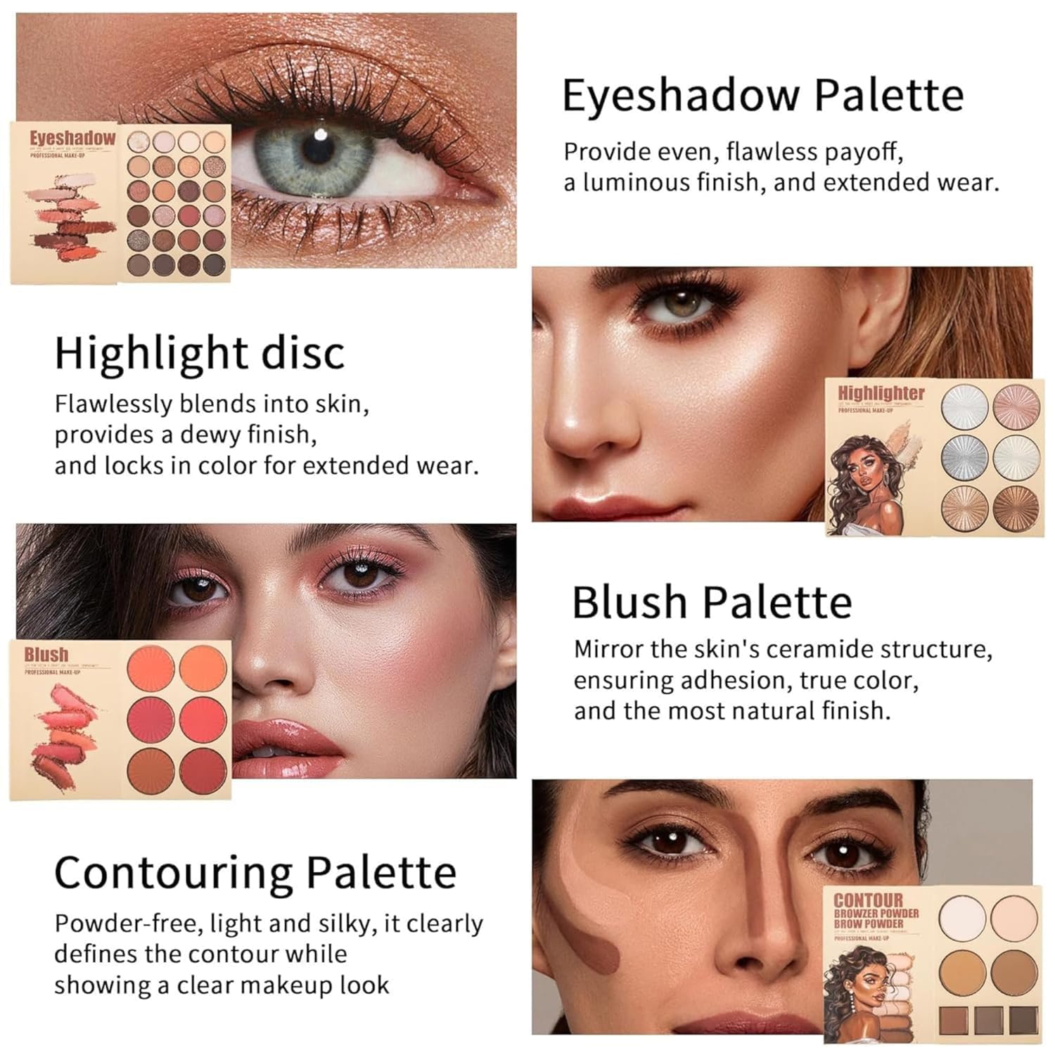 Essential All in One 4 Pages Face Makeup Book Palette Combo Kit Set - Eyeshadow Palette, Highlighter, Blusher, Contour, Bronzer, Eyebrow Color- Professional Makeup Kit for a Flawless Look (Women) - Image 7 thumbnail