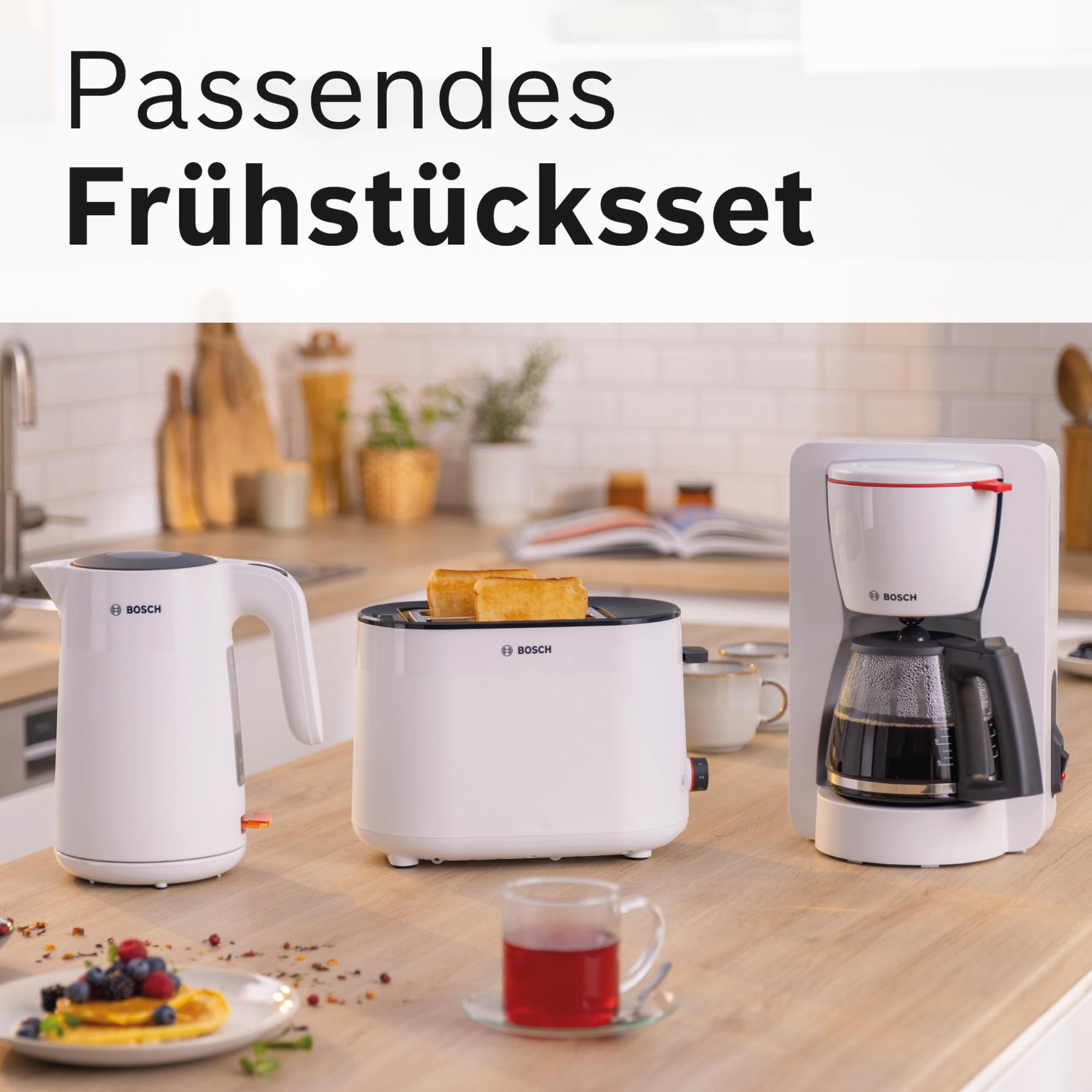 Bosch kabelloser Wasserkocher MyMoment TWK2M161, Abschaltautomatik, Überhitzungsschutz, Tassenanzeige, entnehmbarer Kalkfilter, Trockengehschutz, Dampfstopp-Automatik, 1,7 L, 2400 W, Weiß matt