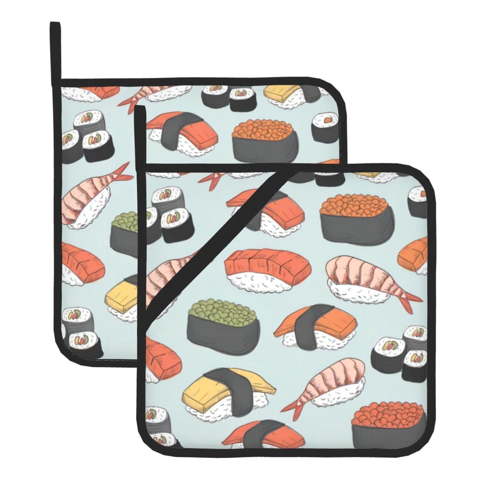 WHJSHOP Sushi Prints Square Hot Pads for Kitchen Counter - Thick Heat Resistant Trivets for Microwave & Oven, BBQ Grilling Cover (2 Pack)