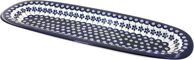 Blue Rose Polish Pottery Flowering Peacock Large Bread Platter