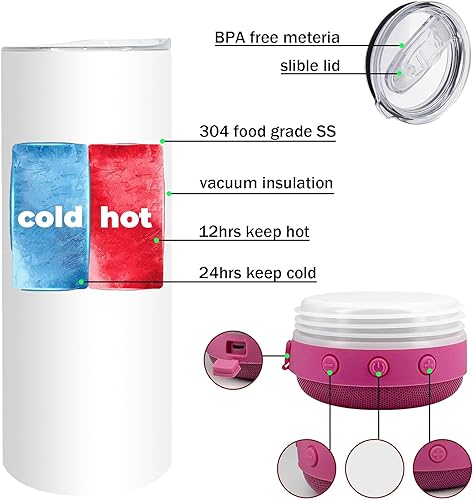 Miniatura 3 de Vaso de sublimación de 20 onzas con Bluetooth en blanco con popote y tapa, tazas de aislamiento al vacío de acero inoxidable de doble pared,