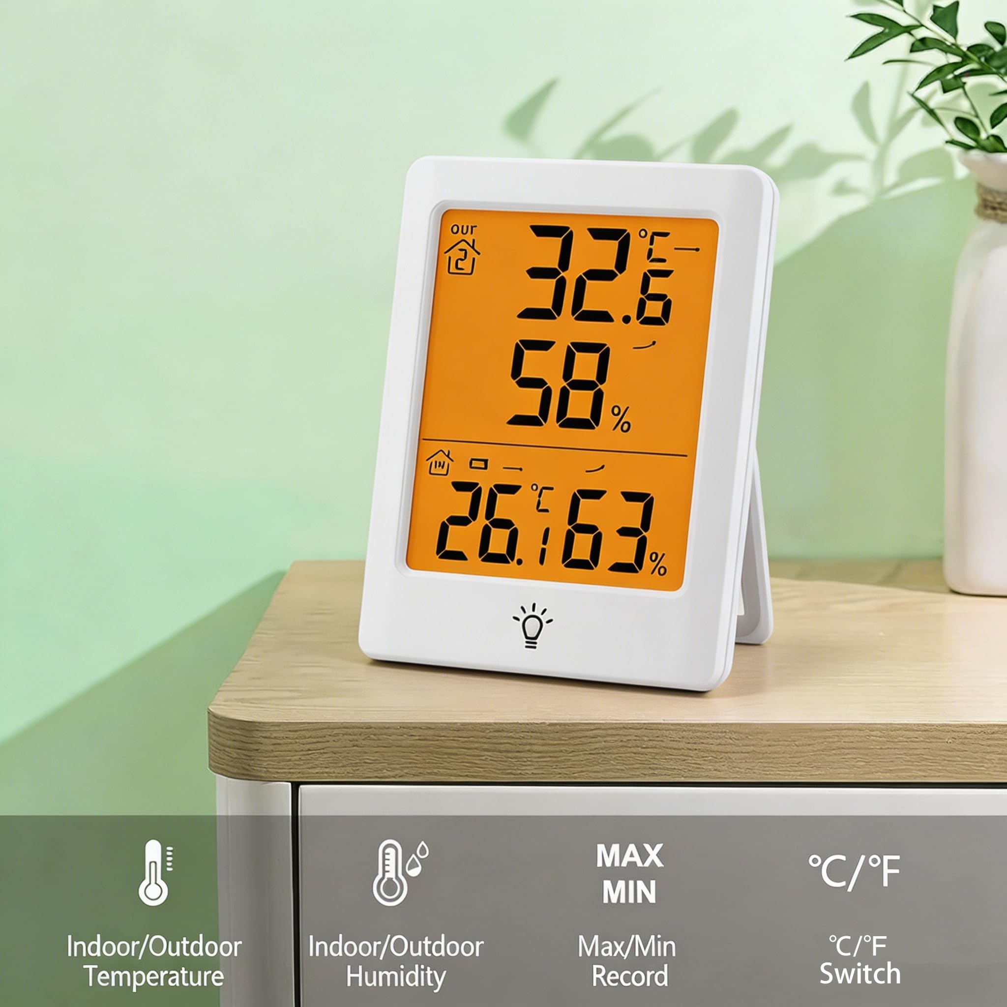 Termómetro inalámbrico higrómetro con sensor exterior, monitor digital de humedad, registro máximo/mín, pantalla LCD, para interior y exterior