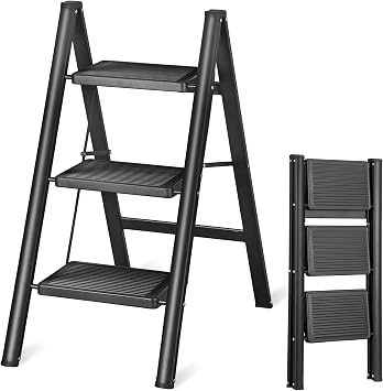 3 Step Ladder Foldable, Folding Step Stool with Wide Anti-Slip Pedal, Heavy Duty Safer Full Steel Step Ladder for Home Kitchen Closet Office Shop, 330 lbs Load Capacity, Black