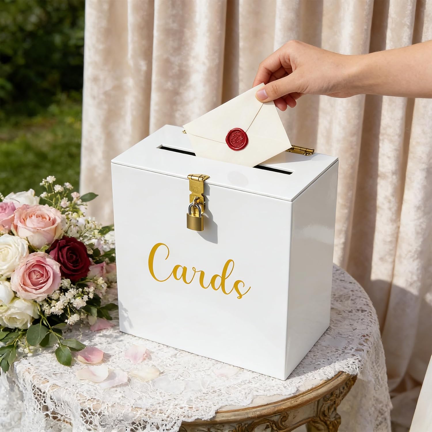 Acrylic Wedding Card Box with Slot & Lock, White Card Box for Wedding Reception, Elegant Money Envelope Box for Baby Shower Bridal Shower Graduation Birthday Party Decor 10.2x5.5x10.2 Inch