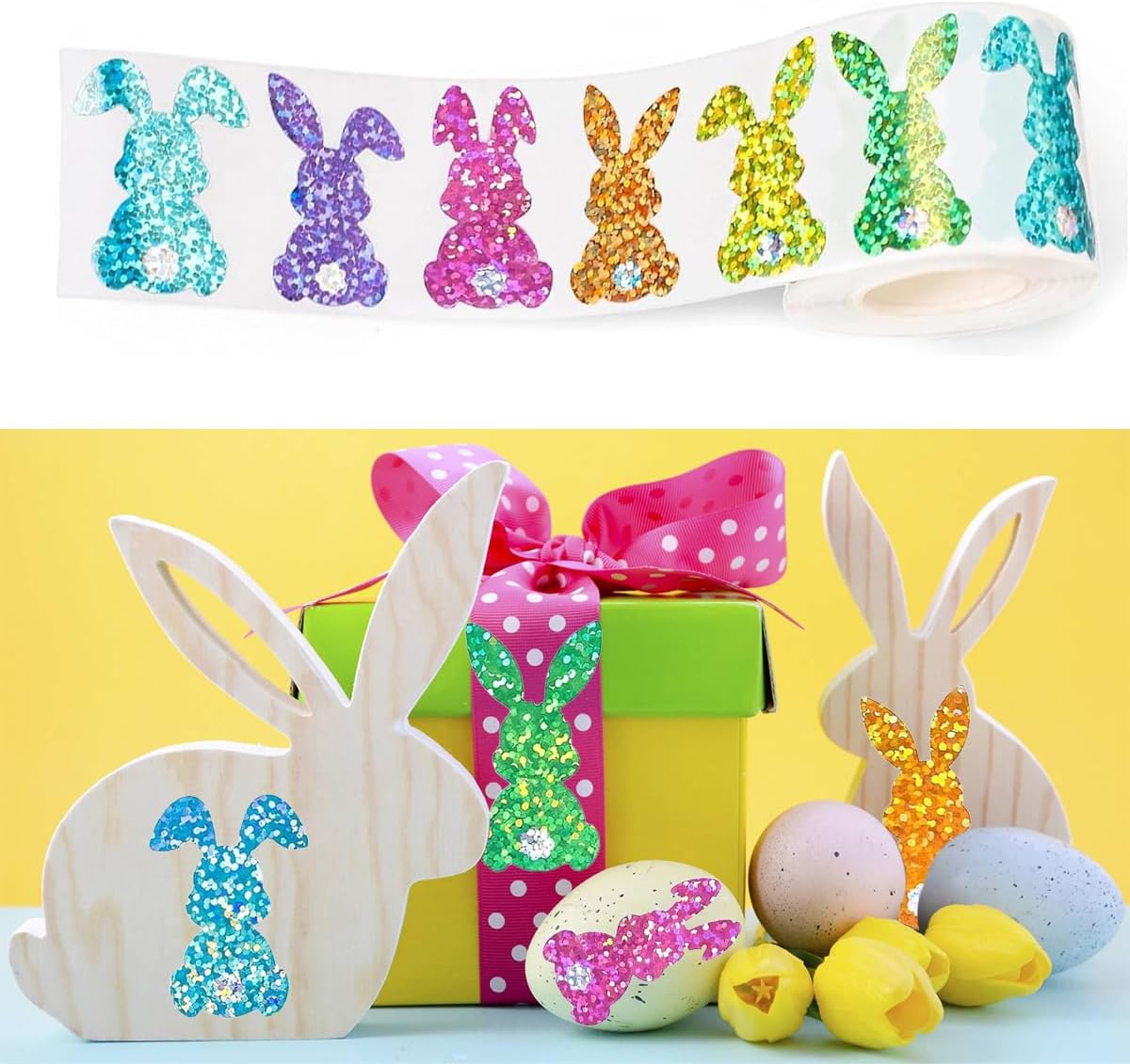 500 Pcs Glitter Easter Stickers, 1.5'' Bunny Stickers Envelope Sticker Roll, for Holiday Decals, Seals Packaging, Labels