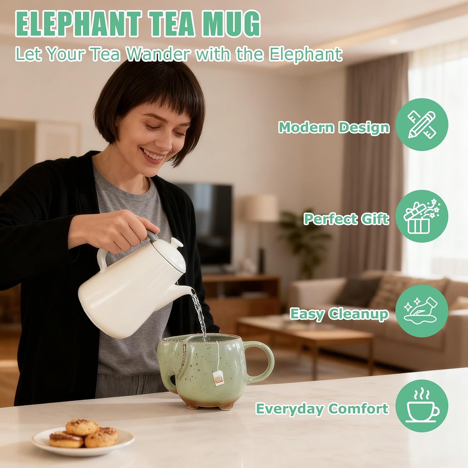 Tea Mug Elephant Ceramic Mugs with Handle Unique Cup Great Gift for Tea Lover Adults Green 15 oz