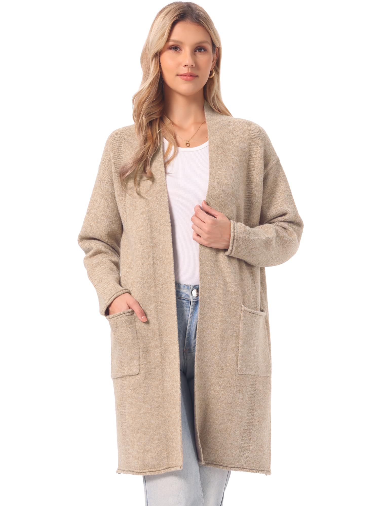 Allegra K Gilet Long Cardigan pour Femme, Ouvert sur Le Devant, Manches Longues, en Mailles décontractée, avec Poches