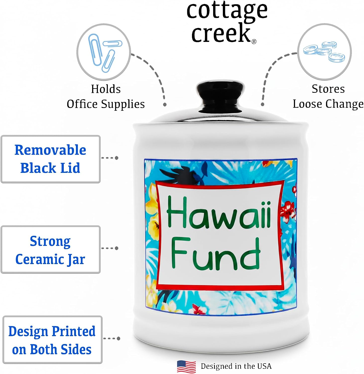 Cottage Creek Jars | Hawaii Fund Travel Bank - Ceramic Piggy Bank for Vacation & Travel Essentials Money Jar for Women, Men, Couples | Engagement Gift & Vacation Accessories Storage Container