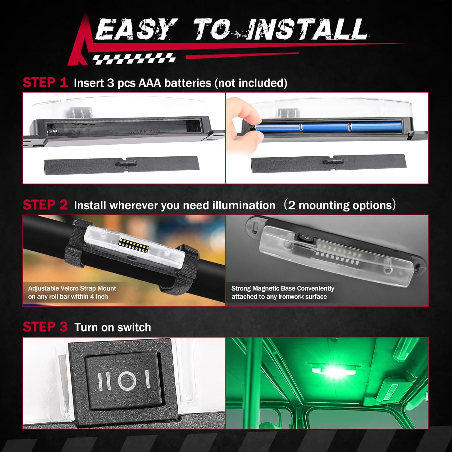 UTV Interior Dome Light with Switch, FASTCHOY AUTO Roll Bar Cage Mount Dome Light Battery Powered Universal Roll Bar Mount Lights for UTV ATV Side by Side Can-Am Polaris RZR - White/Green (2 Pack)