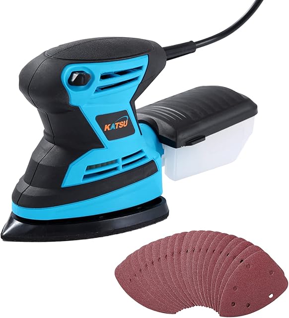 KATSU Detail Mouse Sander, 200W Electric Palm Sheet Sander with Dust Collector for Home Decoration Furniture Finishing, 20Pcs Sanding Pads Included 100174