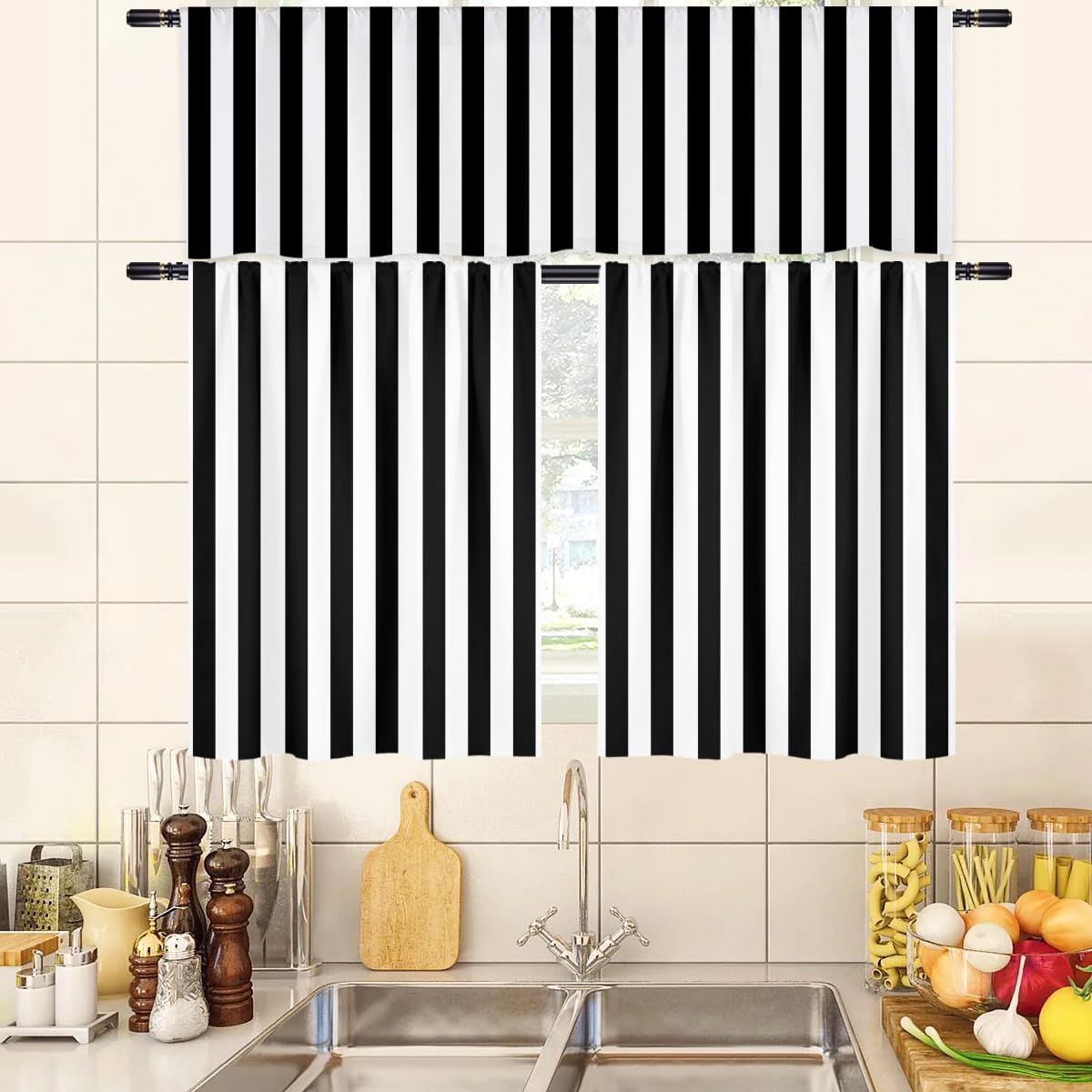 zokyer Black White Kitchen Curtains Valance Tiers Set 3 Piece Striped Simple Modern Art Pinstripe Cool Rod Pocket Window Treatments Small Short Living Room Bedroom Bathroom （52x18 inch + 26x36 inch*2）