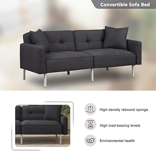 Miniatura 70 de Moderno sofá biplaza de terciopelo de 59 pulgadas con 2 bolsillos, sofá cama convertible tapizado con respaldo múltiple ajustable, sofá futón con