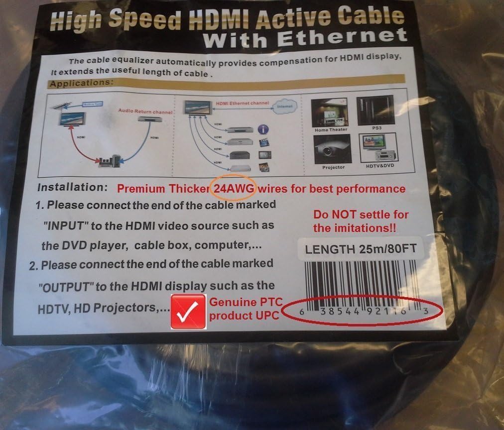 PTC 80ft (25m) Premium HDMI cable with Ethernet - Built-in Signal Amplifier to maintain signal integrity over long distance - Supports 4K video and 3D TV