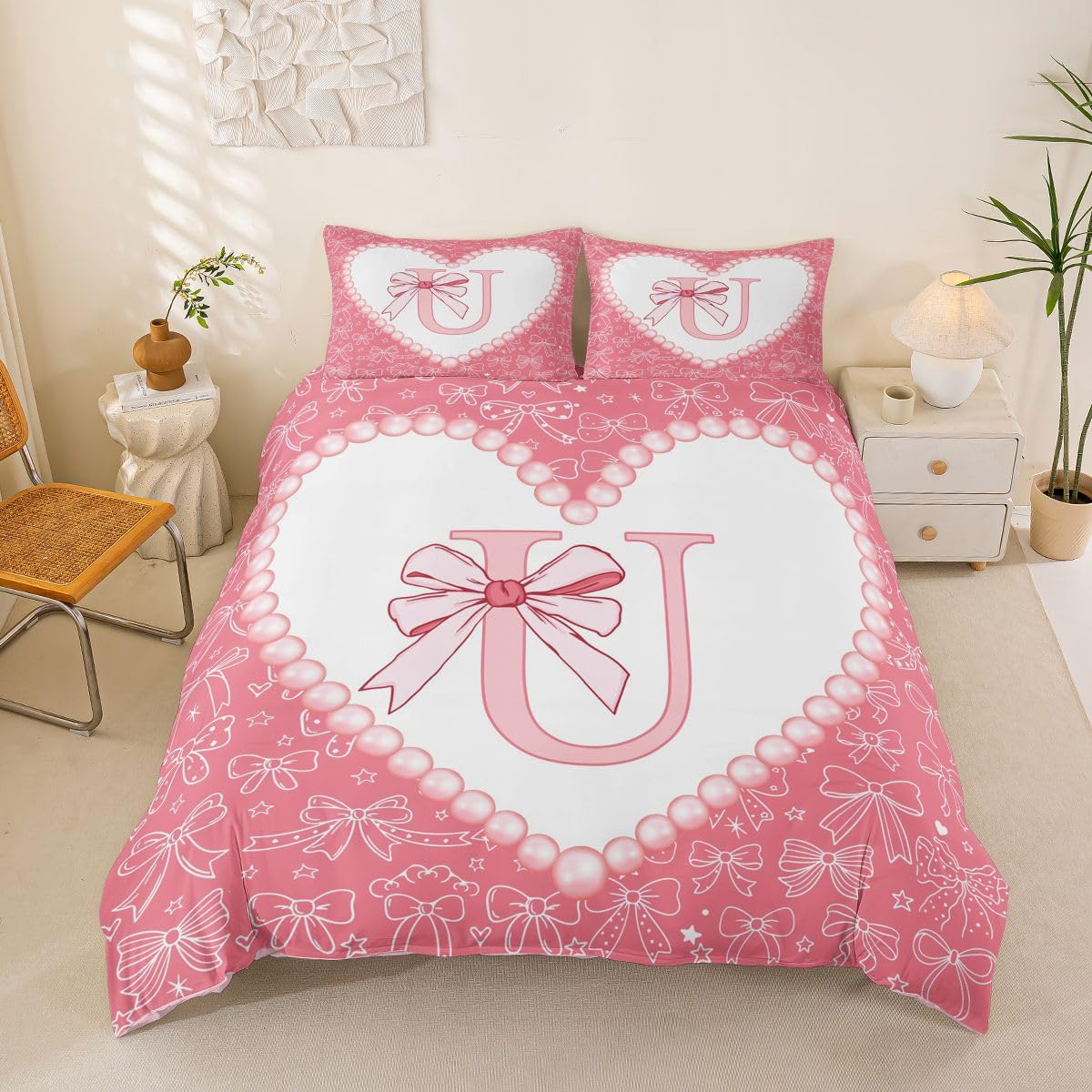 Parure de lit 3 pièces Loussiesd anti-poussière motif amour cœur pour un sommeil sain