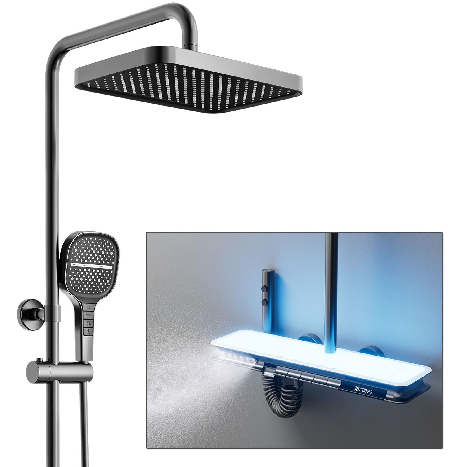 BEITH Sistema de Ducha Termostático, Moderno Lujoso 6 Funciones Columna de Ducha con Masaje Corporal, Lluvia, Cascada Cuadrado Set De Ducha con Grifo, Teclas del Piano, Pantalla Digital, Altura Fija